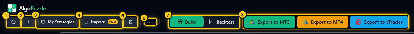 The builder header with each button marked