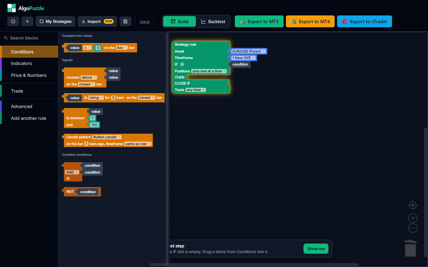 After pressing Show me: the Conditions drawer is open and highlighted