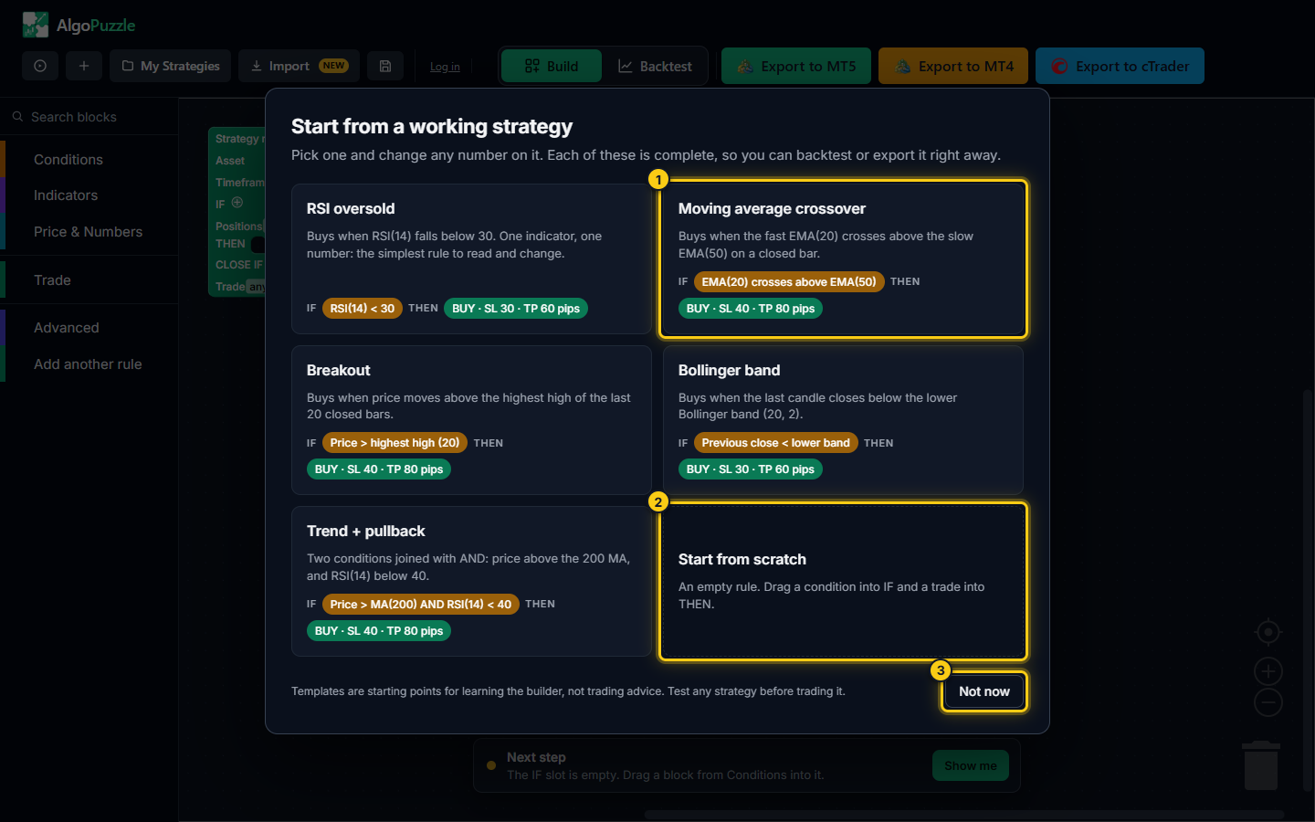 The starting points window that opens on a first visit