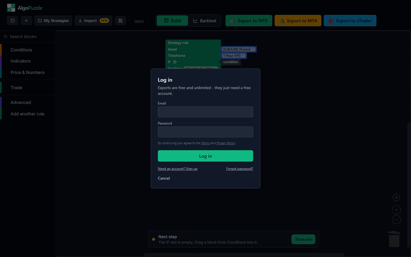 The AlgoPuzzle Log in window with email and password fields and the links Need an account? Sign up and Forgot password?